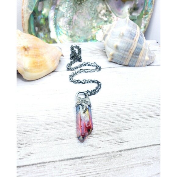 Red aura quartz crystal necklace handmade gothic fantasy metalwork jewelry - Picture 4 of 11